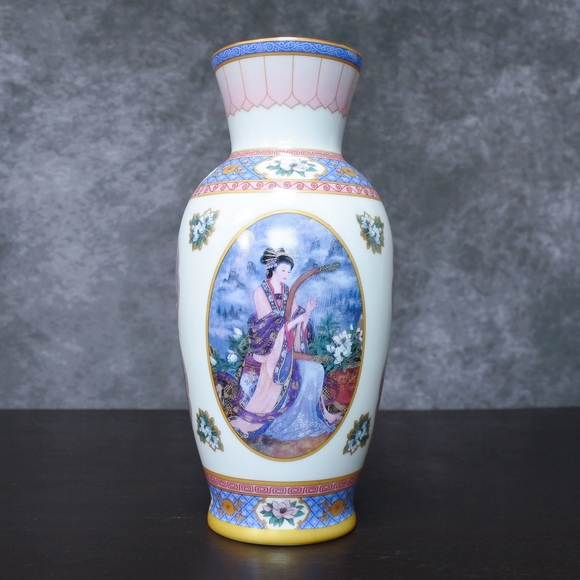 Vintage Danbury Mint Lena Liu Chinese Style Woman Harp Floral Porcelain Vase
